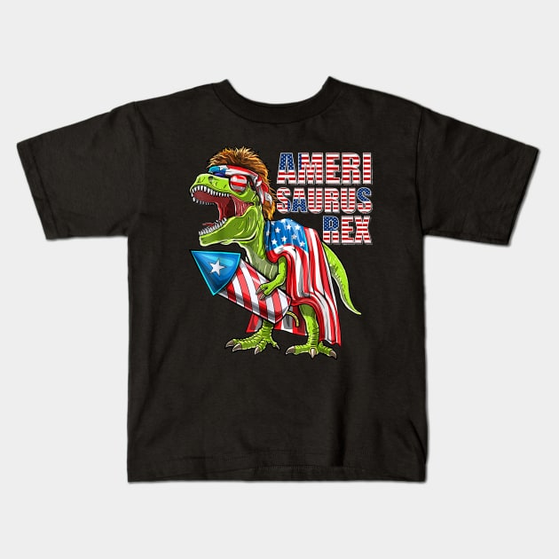 AMERISAURUS Dinosaur 4th of July Kids Boys Men TRex Funny Kids T-Shirt by luxembourgertreatable